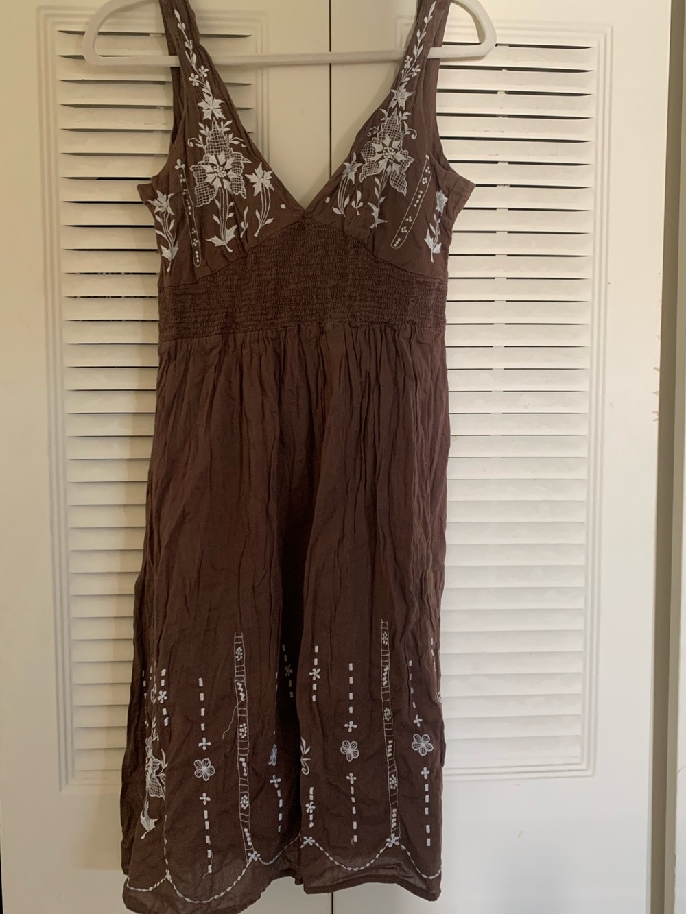 Brown Cotton Sleeveless Dress with White Embroidery